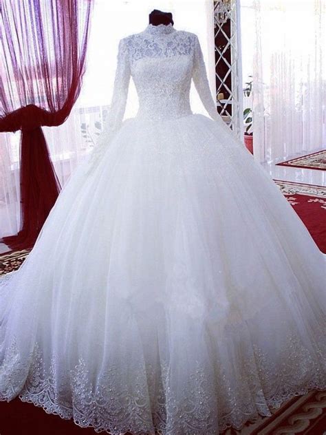 High Neck Long Sleeves Bridal Ball Gown Wedding Dresses Bridal Gowns