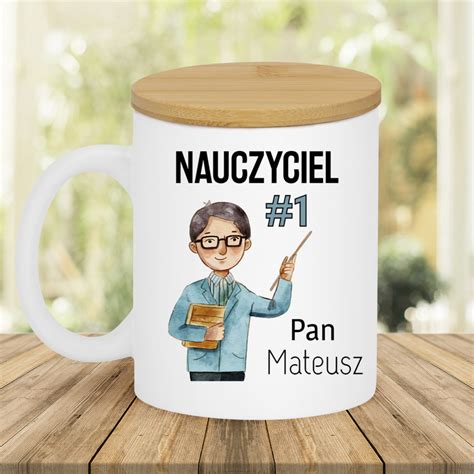 Kubek ceramiczny z pokrywką z Nadrukiem Nauczyciel 1 370 ml na