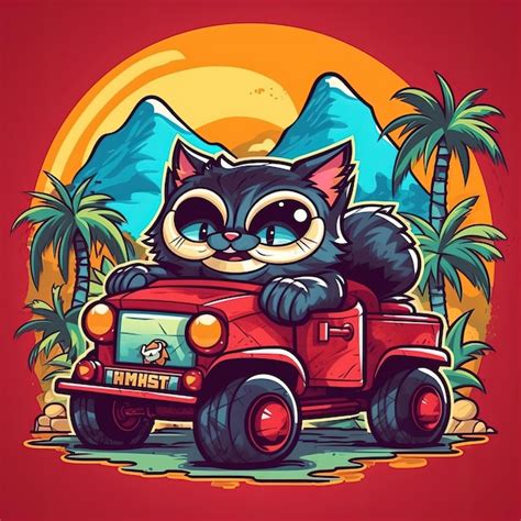 Lindo Gato De Dibujos Animados Conduciendo Un Coche Foto Premium