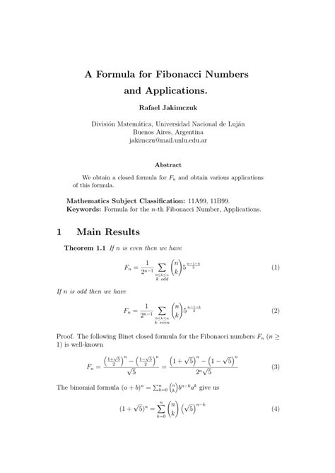 (PDF) A Formula for Fibonacci Numbers and Applications