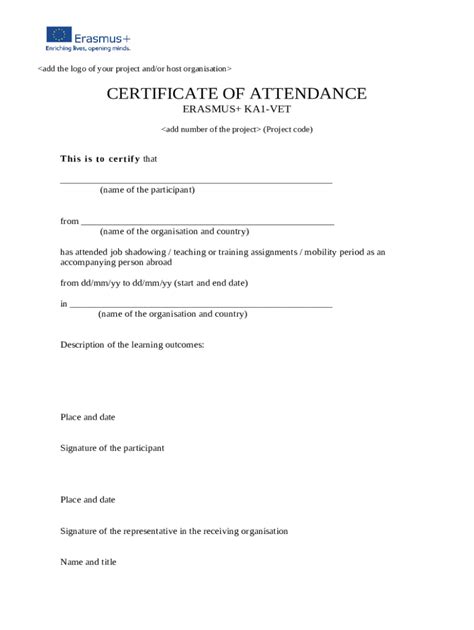 Erasmus Certificate Of Attendance For Staff Mobility Docx Doc Template