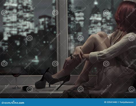 Alone Beautiful Woman Sitting On Window Stock Photo - Image of mystery, model: 23541448