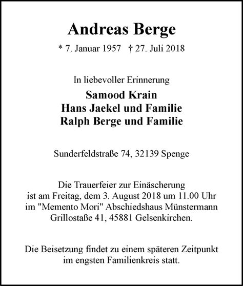 Traueranzeigen Von Andreas Berge Trauer In Nrw De