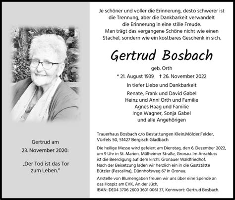 Traueranzeigen Von Gertrud Bosbach WirTrauern