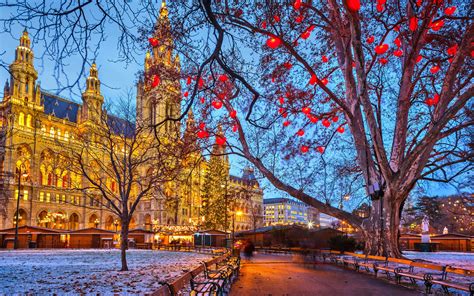 Vienna, Austria, Town Hall, winter, snow, trees, evening, buildings ...