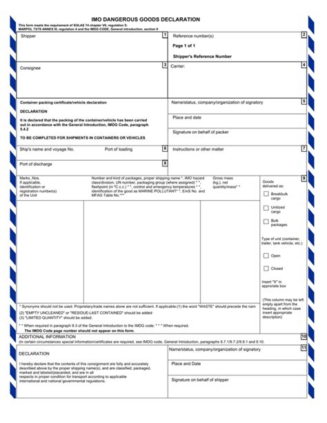 Imdg Dangerous Goods Declaration Form Fillable Printable Forms Free