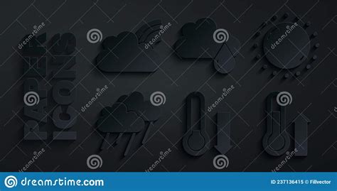 Set Meteorology Thermometer Sun Cloud With Rain And Rainbow Clouds