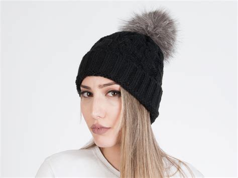 Knit Beanie With Fox Fur Pom Pom