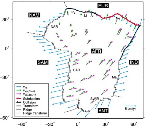 Geometry of African plate boundaries and velocities 75 Ma. Both ...