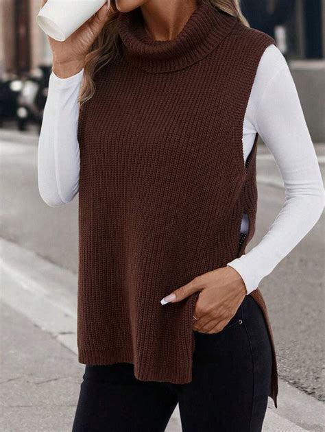 Shein Lune Turtleneck Split Hem Sweater Vest Without Tee Shein Usa