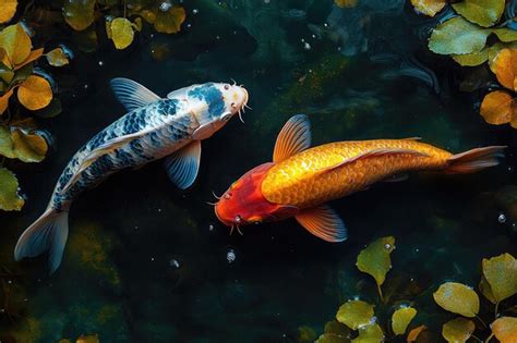 Two Koi Fish Swimming In A Pond Premium Ai Generated Image