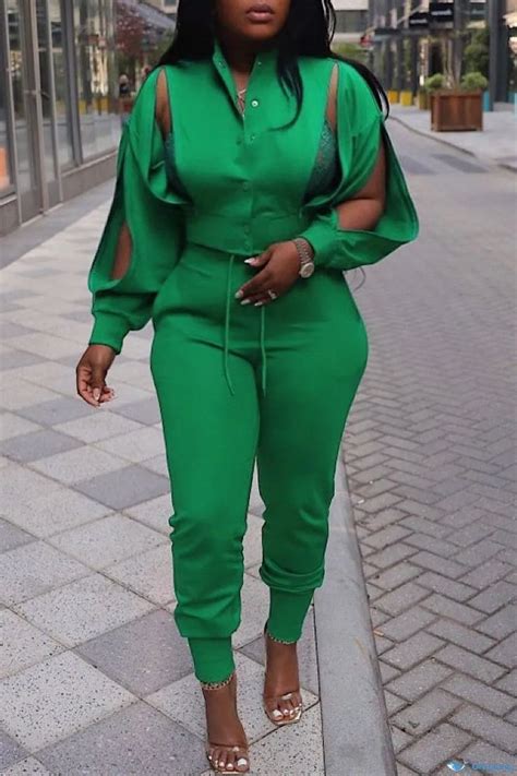 OrcaJump - Stylish Green Casual Solid Two-Piece Set with Hollowed Out ...
