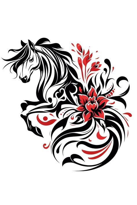 red  black abstract horse tattoo design  flowers