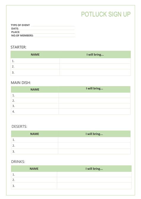 Downloadable Printable Potluck Signup Sheet