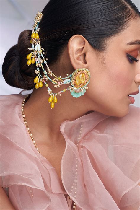 Buy Multi Color Semi Precious Mixed Stone Work Earrings With Ear Chain By Torque By Merge Online