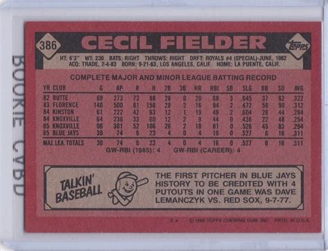 CECIL FIELDER ROOKIE CARD 1986 Topps Baseball VINTAGE RC Toronto Blue