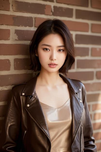 Premium AI Image Portrait Of Beautiful Japanese Women With Brunette Lob Hair Leather Moto