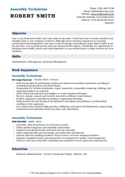 Assembly Technician Resume Samples Qwikresume