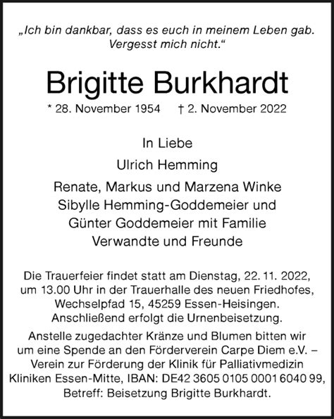 Traueranzeigen Von Brigitte Burkhardt Trauer In NRW De