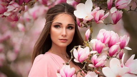 Brunette Magnolia Girl Model With Pink Dress Is Standing Flowers Hd Girl Wallpapers Hd