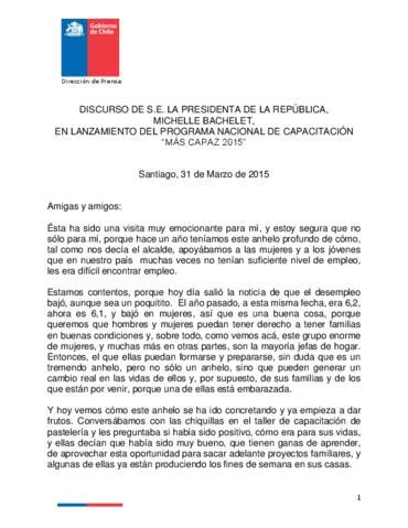 Discurso De Michelle Bachelet En Lanzamiento Del Programa Nacional De