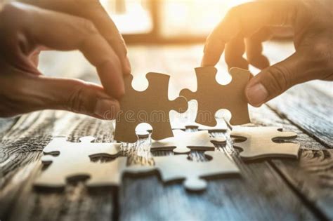hands connecting puzzle pieces  wooden table stock photo image