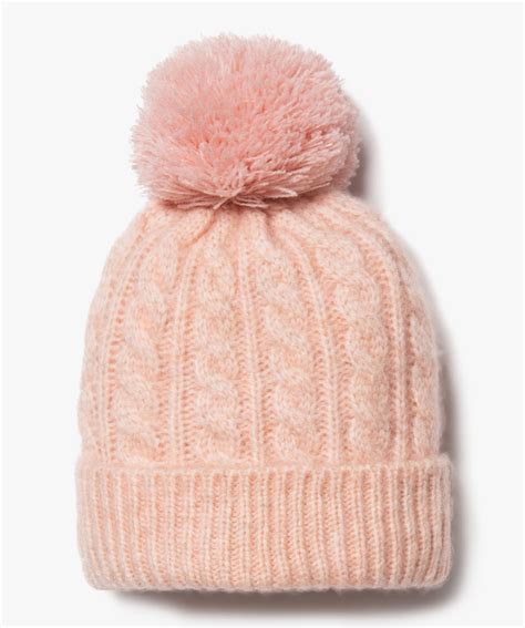 Bonnet En Maille Torsad E Avec Pompon B B Fille Rose Gemo