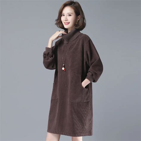 High Quality Autumn Winter Women Corduroy Dress Vintage Long Sleeve