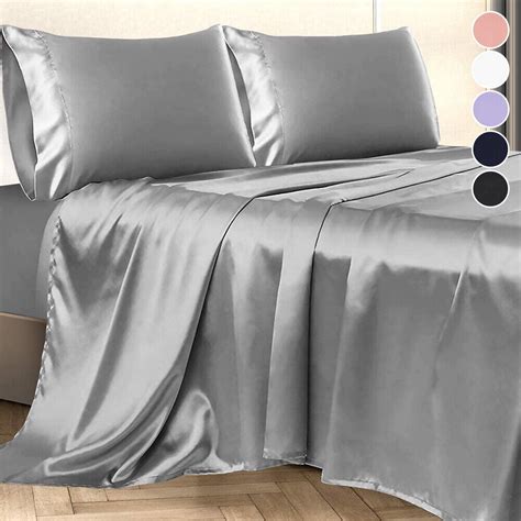 Anminy Luxury Queen Satin Silk Sheet Set In Gray Deep Pocket 4 Pieces