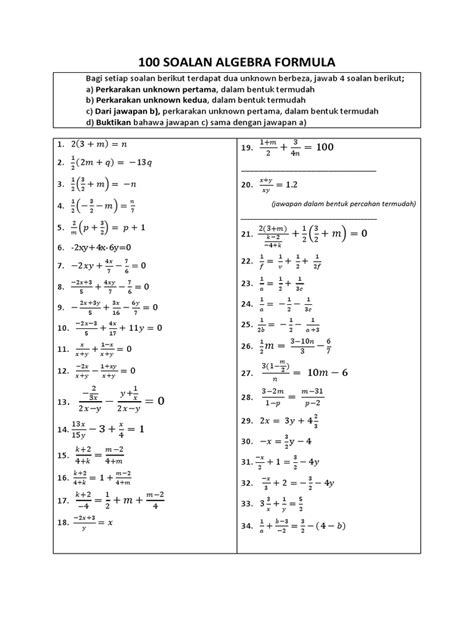 100 Soalan Algebra And Jawapan Pdf Pdf