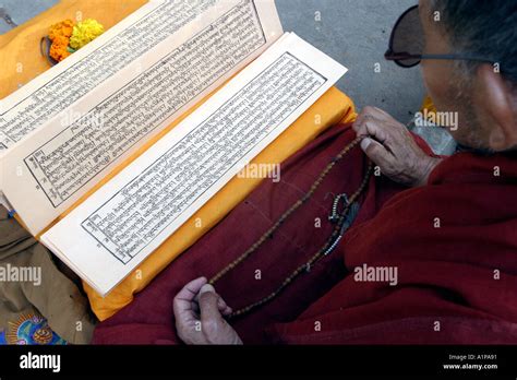 A Tibetan Buddhist Monk Reads A Traditional Sutra Scripture In Pali