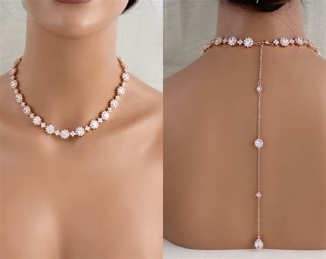 Rose Gold Backdrop Necklace Rose Gold Bridal Necklace Wedding Etsy