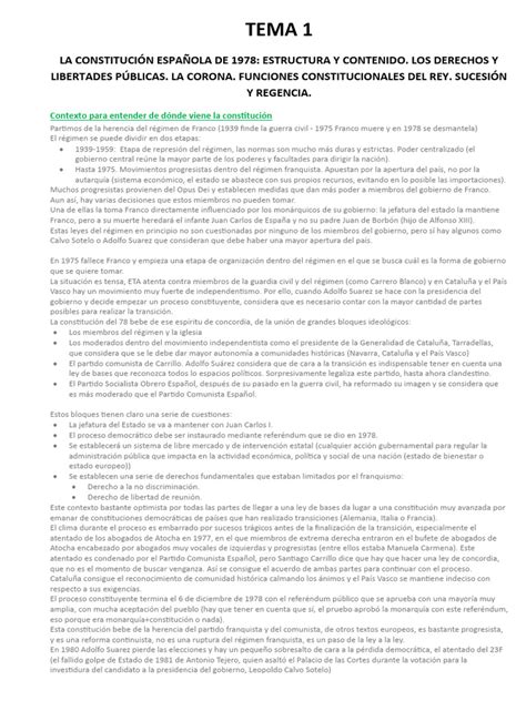 Tema 1 La Constitución Española De 1978 Estructura Y Contenido Los Derechos Y Libertades