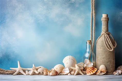 Premium Photo Sea Shells Blue Background Seashells Rope And Bottles