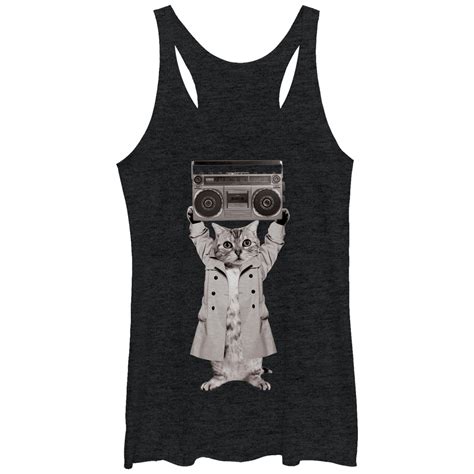 Lost Gods Womens Lost Gods Trench Coat Boombox Cat Racerback Tank Top