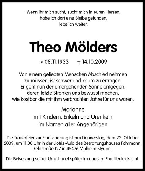 Traueranzeigen von Theo Mölders Trauer in NRW de