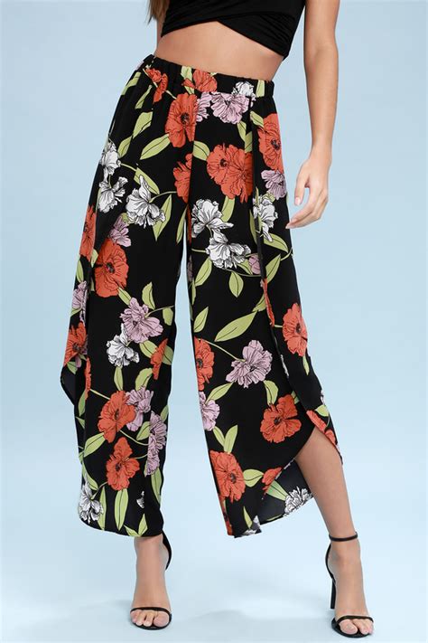 Chic Black Floral Print Pants Tulip Pants Wide Leg Pants Lulus