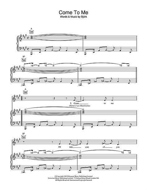 Bjork "Come To Me" Sheet Music for Piano, Vocal & Guitar | Download PDF ...