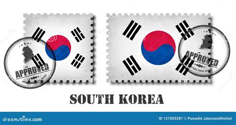 South Korea Flag Pattern Postage Stamp With Grunge Old Scratch Texture And Affix A Seal On