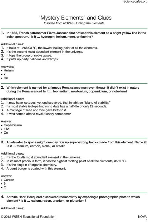 Mystery Elements Periodic Table Worksheet Answers