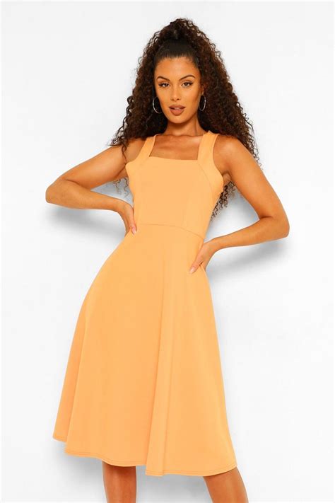 Square Neck Midi Skater Dress Boohoo