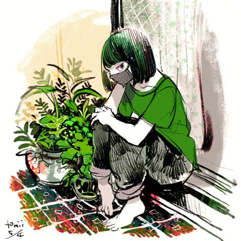 Safebooru 1girl Bangs Barefoot Black Hair Black Pants Green Shirt Grey Mask Highres Leaf Mask