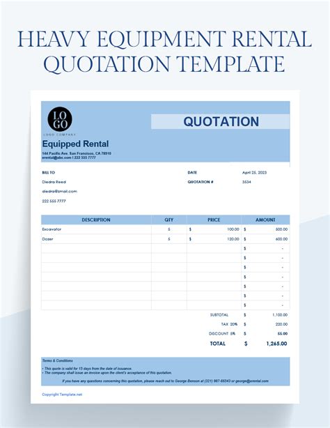 Heavy Equipment Rental Quotation Template In Word Google Docs