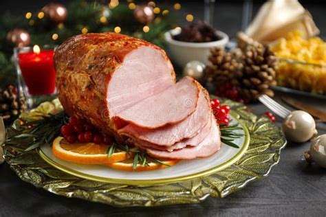 Plate with Delicious Ham Served on Table. Christmas Dinner Stock Image ...