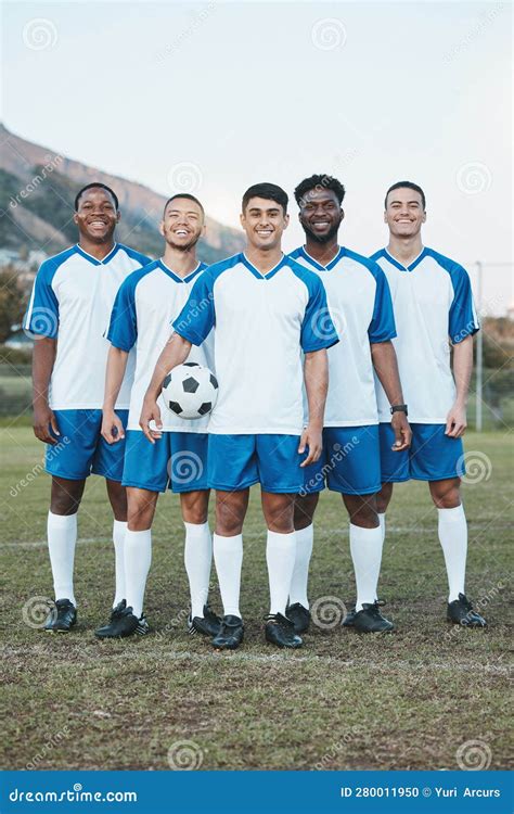 Team, Soccer Ball and Portrait of Sports Group on Field for Fitness ...