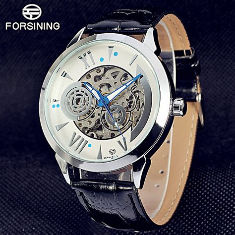 Luxury Brand Forsining Watches Men Transparent Black Leather Skeleton