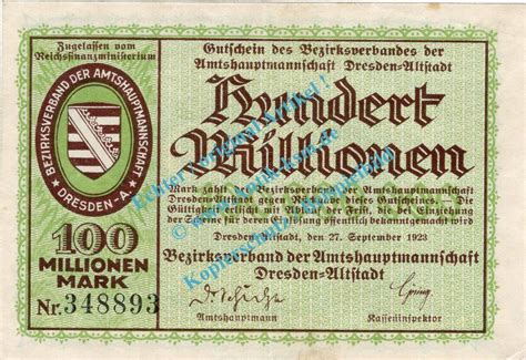 Inflation DE 100 Mio Mk Dresden Notgeld 100 Millionen Mark Schein In