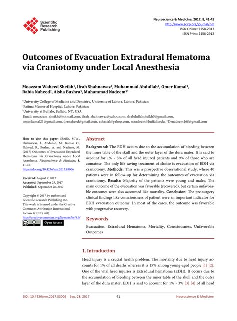 Pdf Outcomes Of Evacuation Extradural Hematoma Via Craniotomy Under