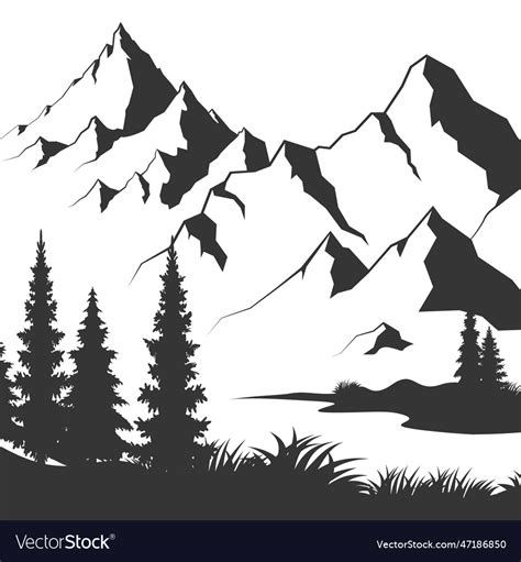 Mountain pond graphic black white landscape sketch