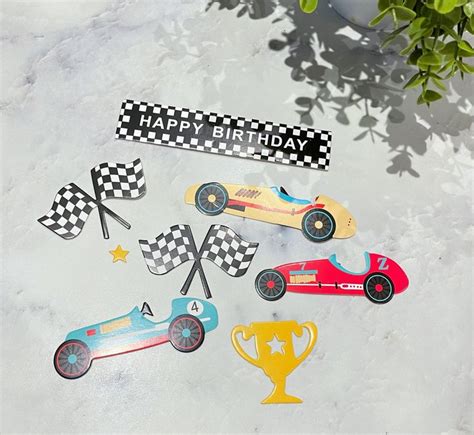 Racing Car Cake Topper Set Race Car Chequered Flags Gold Trophy Boys Birthday Party